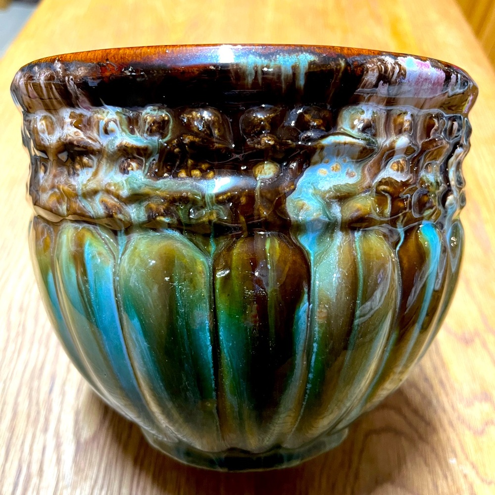 Antique c. 1900 Majolica Blended Glaze Blue/Brown/Green Jardiniere Planter